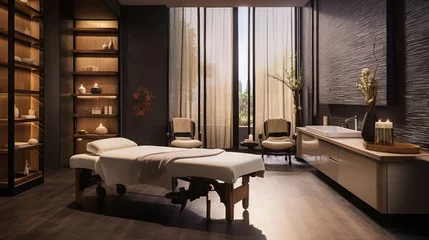 Stoff pro Meter Massagesalon Relaxing and cozy massage room with wooden furniture, candles, and plants