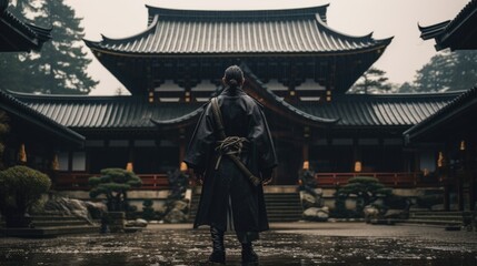A epic samurai with a weapon sword standing in front of a old japanese temple shrine. rainy day with grey sky and tones. asian culture - obrazy, fototapety, plakaty