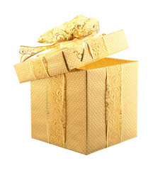 Gift concept. Open golden box with bow and ribbon on white background