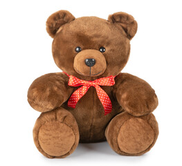 brown teddy bear with red bow isolated on white background