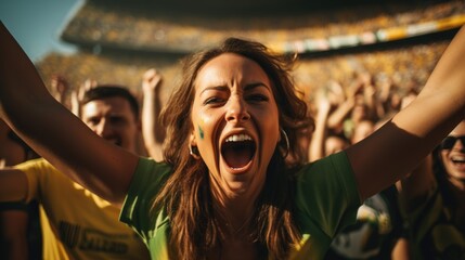 A football fan crowd cheering and supporting their favourite soccer team on the stadium
