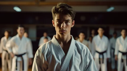 Zelfklevend Fotobehang A karate asian martial art training in a dojo hall. young man wearing white kimono and black belt fighting learning, exercising and teaching. students watching in the background © Zainab