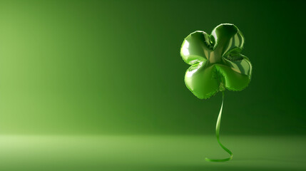 green four leaf clover shaped balloon isolated on green background with copy space
