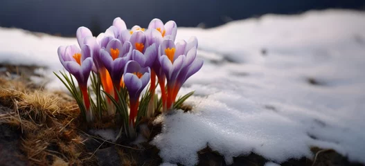 Poster beautiful spring flowers crocuses spring break out from under the snow. © Dzmitry Halavach