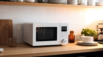 A modern white and black microwave in a house kitchen on the kitchen table