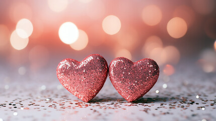Obraz premium Sparkling hearts shape on the pink glitter with bokeh light background. for valentine celebrating concept. Generative AI