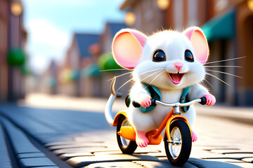 a cute mouse riding a bicycle. Generative AI - obrazy, fototapety, plakaty