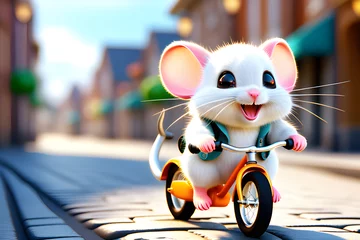Tuinposter a cute mouse riding a bicycle. Generative AI © Diana