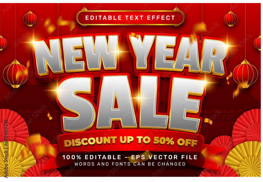 Poster new year sale 3d text effect and editable text effect with lanterns and chinese ornaments