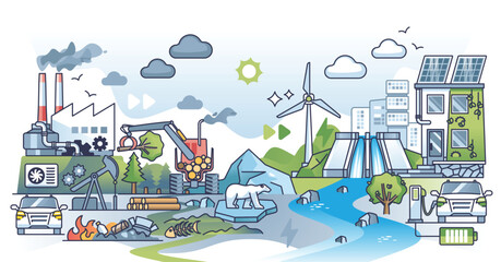 Timeline towards sustainable economic growth and green future outline concept. Nature friendly development with recyclable power and renewable resource consumption vector illustration. Eco energy.
