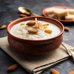 rice kheer or firni or chawal ki khir is a pudding from indian subcontinent, made by boiling milk ,sugar and rice. served in a bowl