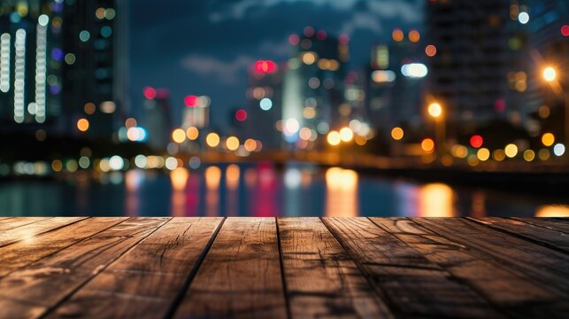 Blank wood tabletop with blurred night city skyline and river, showcase, nightlife,