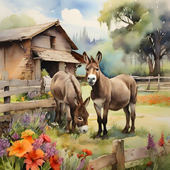 Watercolor donkey, generative ai