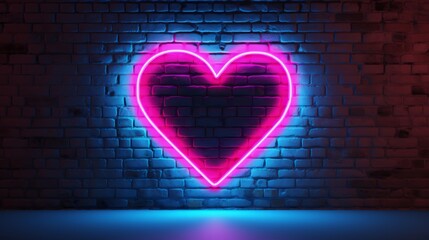 Vibrant neon heart illuminating a dark brick wall – pink and blue glow