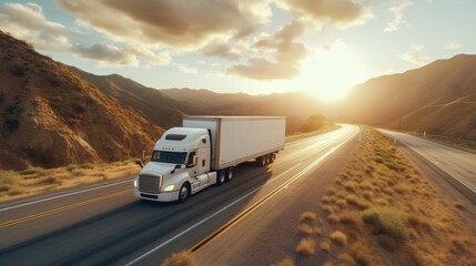 A white cargo truck with a white blank empty trailer for ad on a highway road in the united states. beautiful nature mountains and sky. golden hour sunset. driving in motion