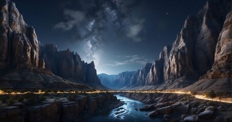 A moonlit canyon with winding rivers and towering cliffs, capturing the grandeur of the natural landscape under the night sky. hyper-realistic, lifelike, ultra-detailed, Wide-angle lens -Generative Ai - obrazy, fototapety, plakaty