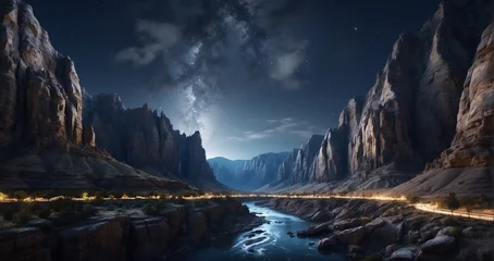 Foto op Plexiglas A moonlit canyon with winding rivers and towering cliffs, capturing the grandeur of the natural landscape under the night sky. hyper-realistic, lifelike, ultra-detailed, Wide-angle lens -Generative Ai © Online Jack Oliver