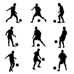 Silhouette collection of male soccer player kicking a ball. Silhouette group of football player in action pose.