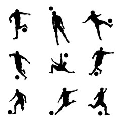 Silhouette collection of male soccer player kicking a ball. Silhouette group of football player in action pose.