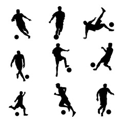 Silhouette collection of male soccer player kicking a ball. Silhouette group of football player in action pose.