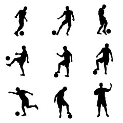 Silhouette collection of male soccer player kicking a ball. Silhouette group of football player in action pose.