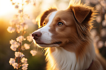 Close up portrait of a dog  in spring blossom 