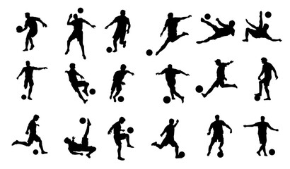 Silhouette collection of male soccer player kicking a ball. Silhouette group of football player in action pose. - obrazy, fototapety, plakaty
