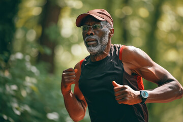 African American Senior man running in a park for health, wellness and outdoor exercise. Nature, sports and male athlete runner doing cardio workout in garden. Healthy Concept. - obrazy, fototapety, plakaty
