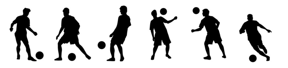 Silhouette collection of male soccer player kicking a ball. Silhouette group of football player in action pose.