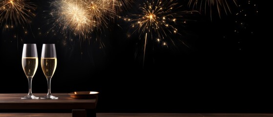 New year's eve celebration: champagne toast on wooden table with stunning fireworks display