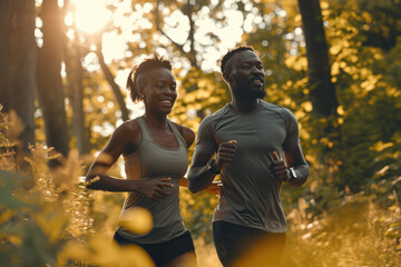 African American young couple having fun running in a park for health, wellness and outdoor exercise, Athlete runner doing cardio workout in garden. Healthy Concept. - obrazy, fototapety, plakaty
