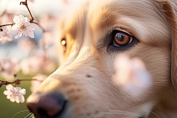 Close up portrait of a  dog  in spring blossom 