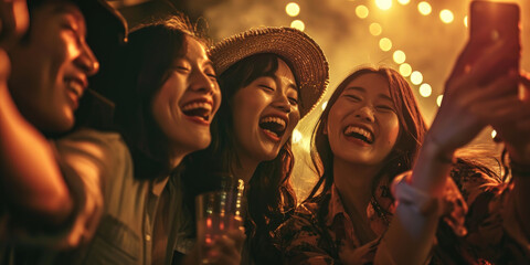Group of asian women friends has a great time at the nightclub in the summertime. Clubbing, fun, and parties during the summer concept.