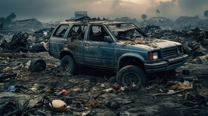 Apocalyptic landfill full of trash garbage. plastic and metals everywhere. old forgotten and broken cars