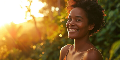 Portrait relaxed african american beautiful young woman happy in the field sunlight, wellness lifestyle concept