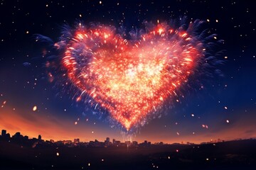 Heart-shaped fireworks burst in the night sky. Generative AI