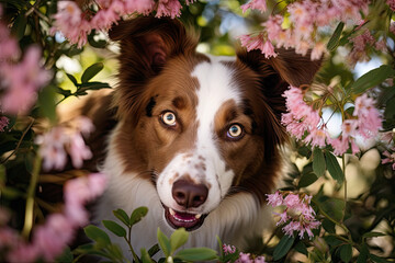 Cute playful dog in spring blossom 