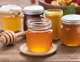 Various jars with honey on wooden table