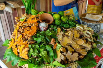 
Large Group of Herb and vegetable Close up shot on banana leaf