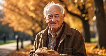 An old man in a tweed jacket enjoying a rustic loaf of bread in a sunlit park surrounded by autumn leaves hyper-realistic, lifelike, ultra-detailed, wide-angle lens -Generative Ai - obrazy, fototapety, plakaty
