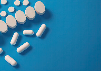 Prescription pills on blue background. medicine concepts