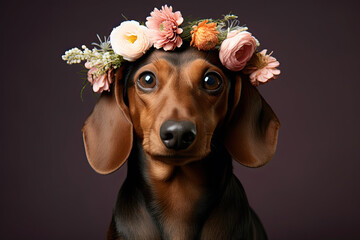 Beautiful  dachshund dog with floral wreath, Spring dog portrait 