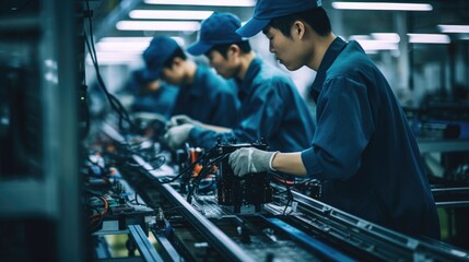 Photo of asian workers working at technology production factory with industrial machines and cables building electronic smartphones - obrazy, fototapety, plakaty