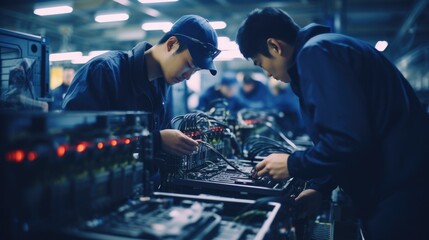 Photo of asian workers working at technology production factory with industrial machines and cables building electronic smartphones - obrazy, fototapety, plakaty