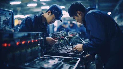 Foto op Plexiglas Photo of asian workers working at technology production factory with industrial machines and cables building electronic smartphones © Zainab