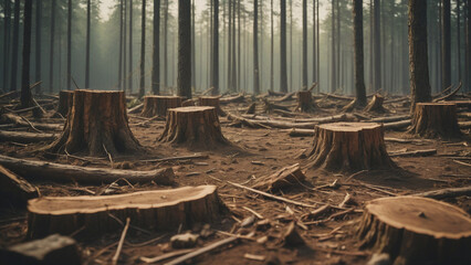AI generated illustration of a forest landscape with abundant wooden stumps scattered throughout - obrazy, fototapety, plakaty