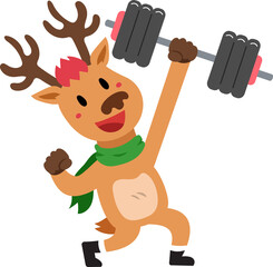 Cartoon happy christmas reindeer doing weight training for design.