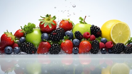 Pipe of fresh fruits and vegetables, smooth white background, glittering raindrops, front angle,...