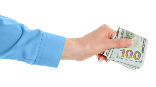 Female hand holding 100 dollar bills isolated on white background 