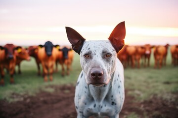 australian cattle dog with a herd of cows at dawn
